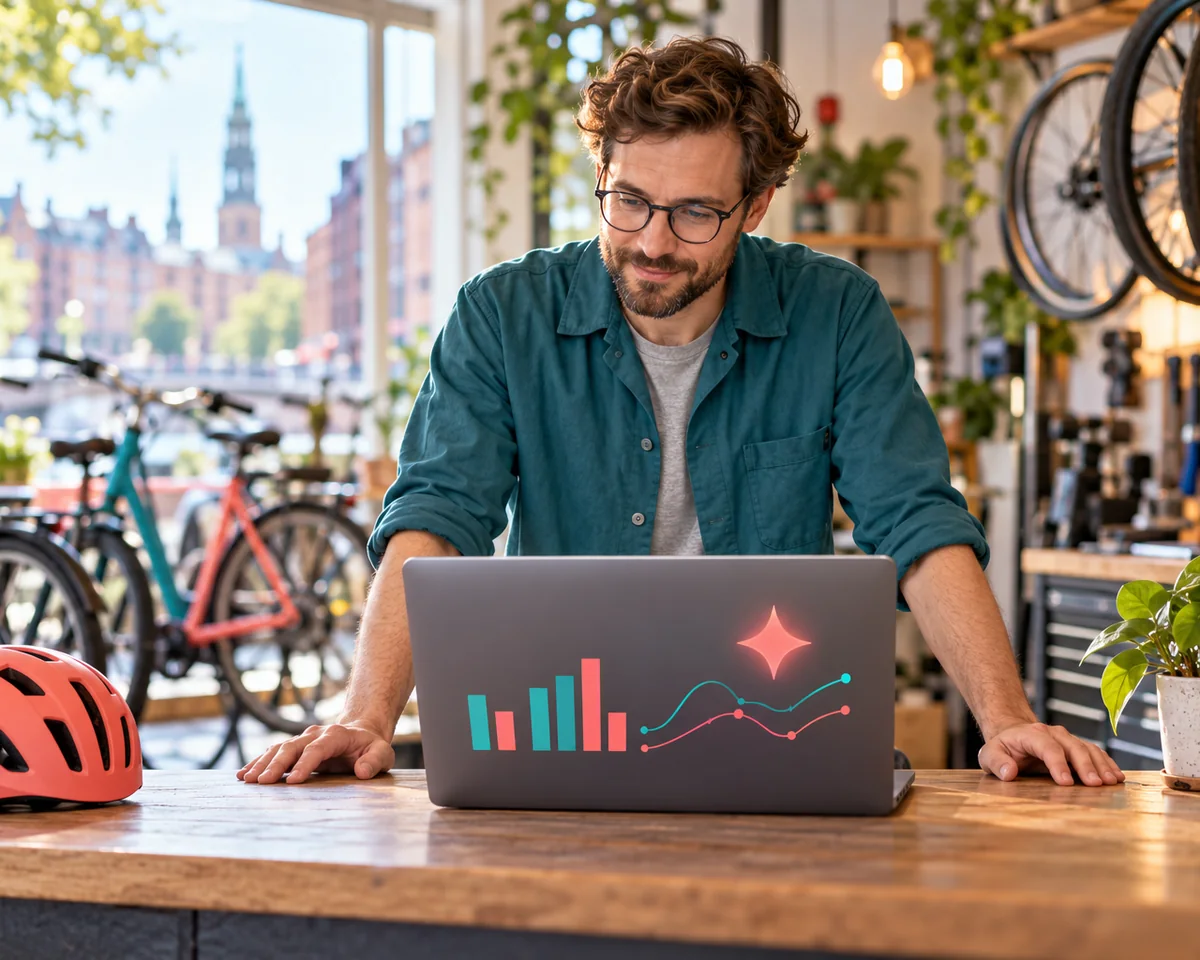 KI Bericht und KI Opt out in der Search Console: So nutzt du die neuen Daten Inhaber eines kleinen Fahrradladens in Hamburg schaut am Tresen auf einen Laptop mit bunten Diagrammen und einem KI-Funken-Symbol – KI-Bericht in der Search Console
