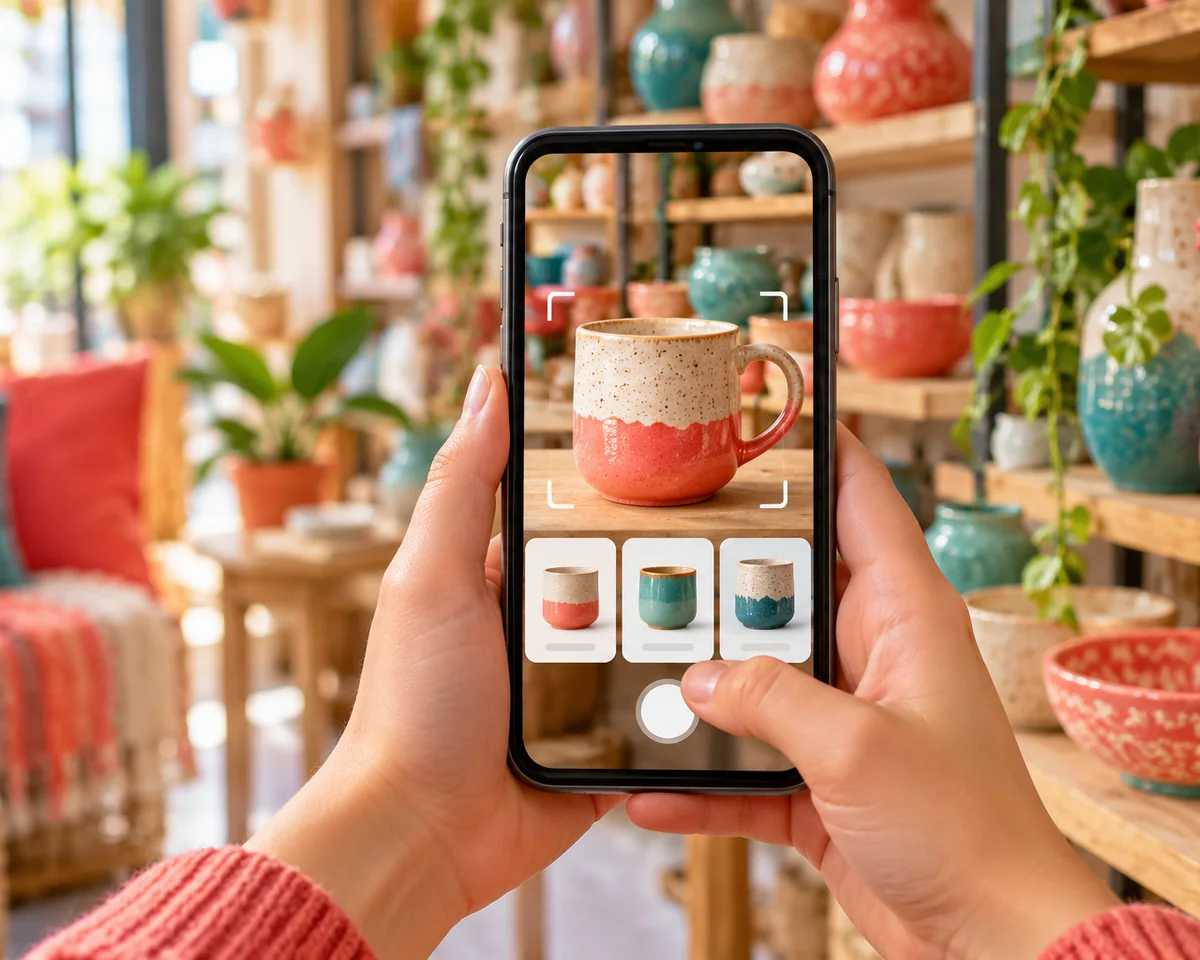 Smartphone fotografiert eine Keramiktasse im Laden – Suche per Bild mit Google Lens