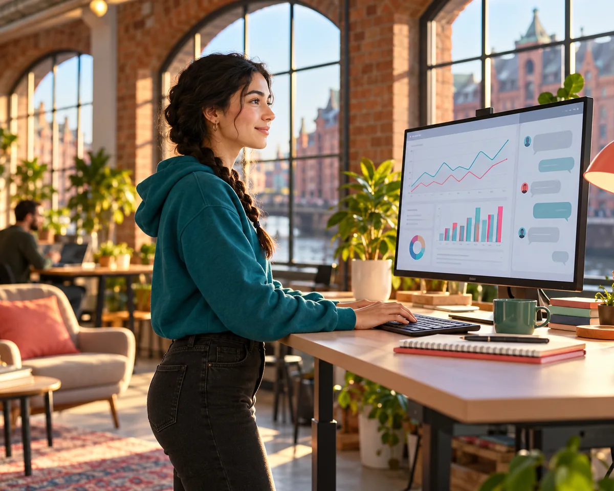 SEO Daten direkt in Claude und ChatGPT: Was MCP Server von Ahrefs, Semrush und Google kosten und wann sie sich für kleine Teams lohnen Marketing-Mitarbeiterin sieht sich am Monitor ein Dashboard mit Diagrammen und einen KI-Chat an