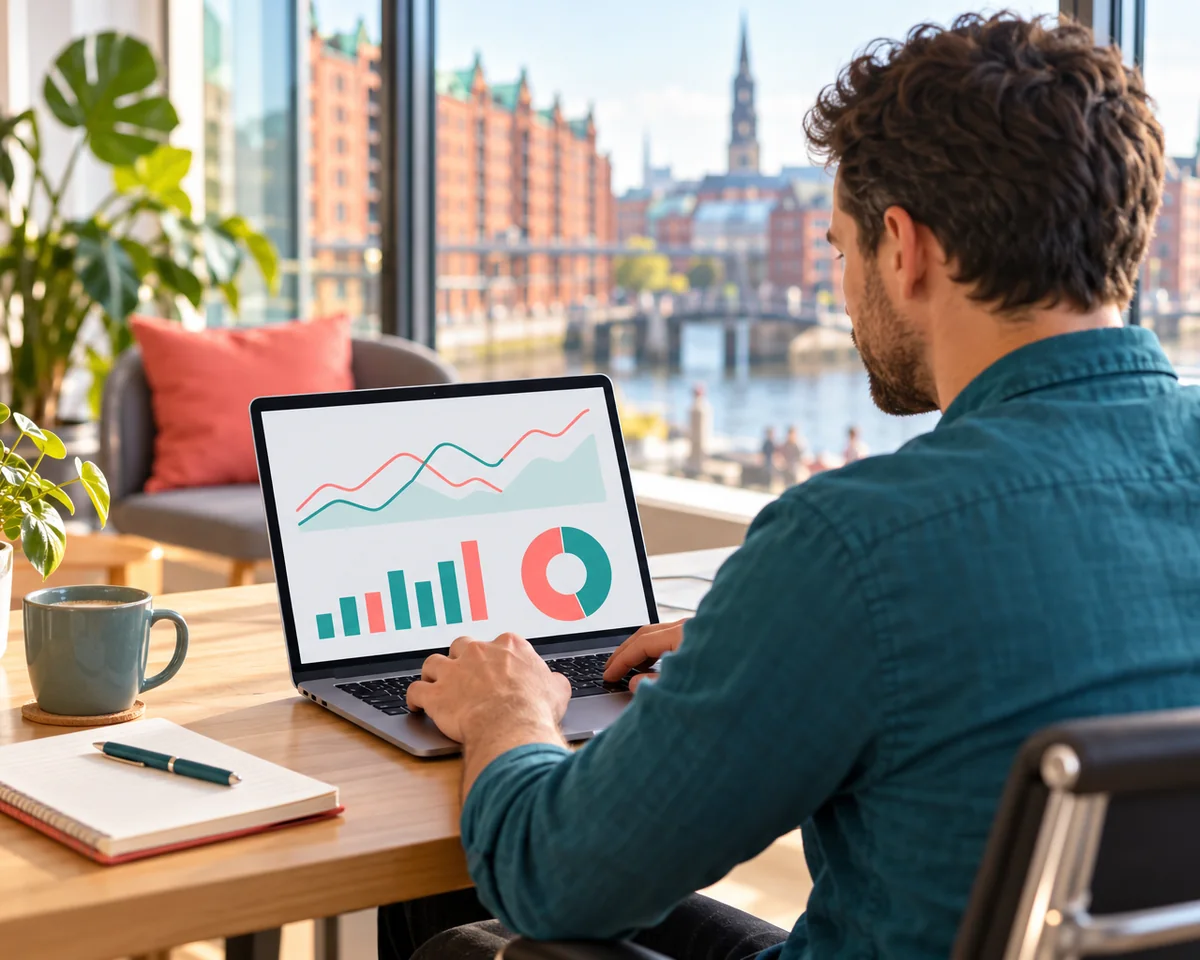 Seobility: Was die günstige Alternative zu Sistrix und Semrush kann (Tool Porträt) Selbstständiger in einem hellen Hamburger Büro analysiert am Laptop farbige Ranking-Diagramme, Blick über die Schulter