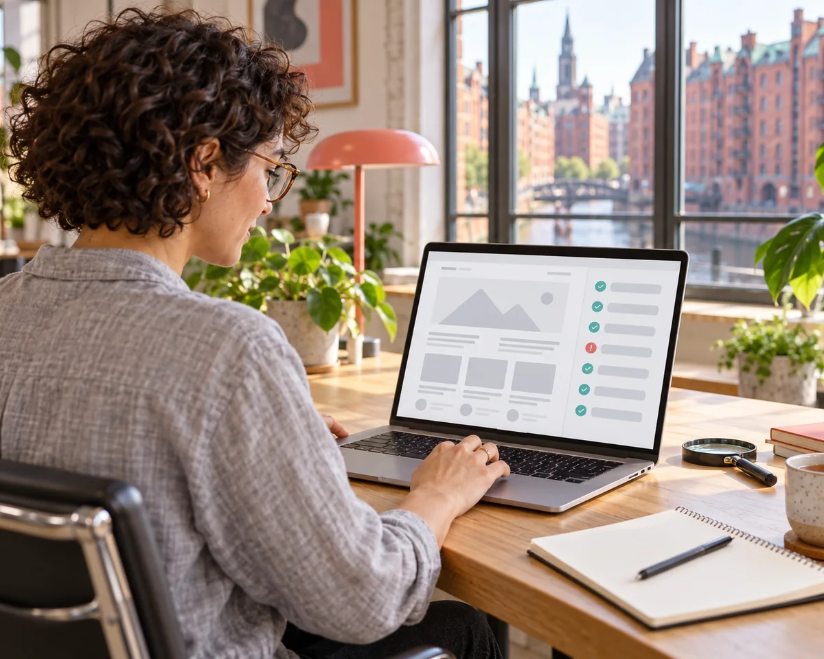 Webdesignerin im hellen Hamburger Büro mit Blick auf die Speicherstadt prüft am Laptop eine Webseite, daneben eine Prüfliste mit grünen Haken und einer roten Warnung