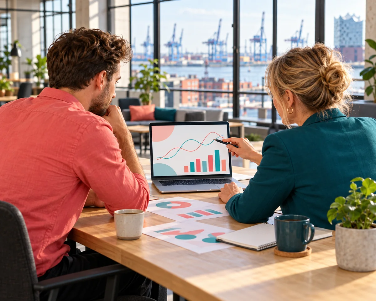 Zwei Personen im hellen Büro werten am Laptop Ranking-Kurven aus, daneben ausgedruckte Diagramme – SEO-Analyse im Team