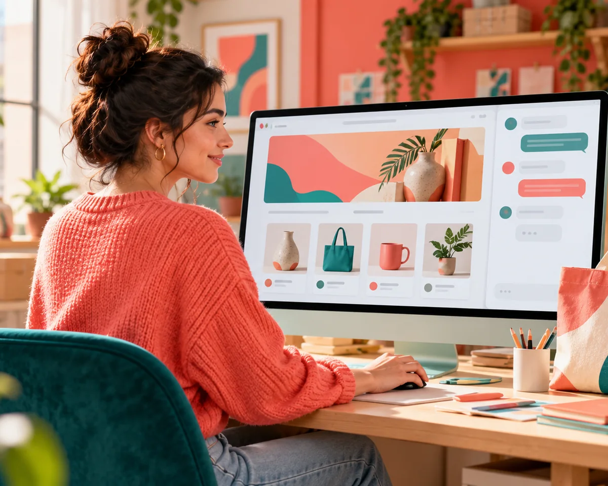 Shopify Canvas: Shop Design per KI Chat – und wann du besser beim Theme Editor bleibst Shop-Inhaberin gestaltet am Monitor eine Shop-Seite mit Layout-Blöcken und Chat-Fenster – Shopify Canvas