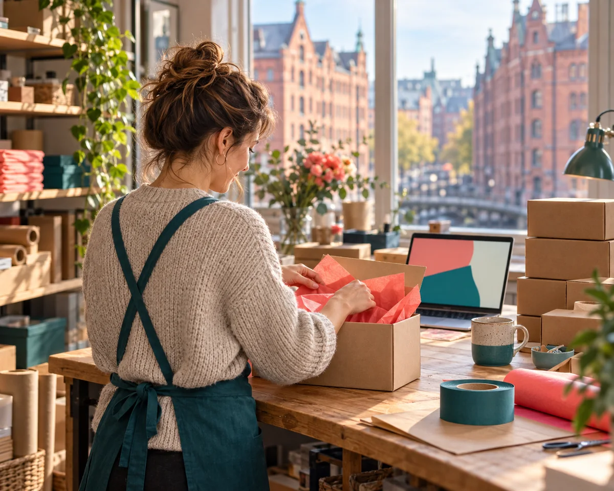 Shopify Editions Fall ’: Die Neuerungen, die kleine Shops vor Black Friday einstellen sollten – von der Wissensdatenbank für KI Agenten bis Campaign Autopilot Inhaberin eines kleinen Hamburger Ladens packt Pakete, daneben ein aufgeklappter Laptop