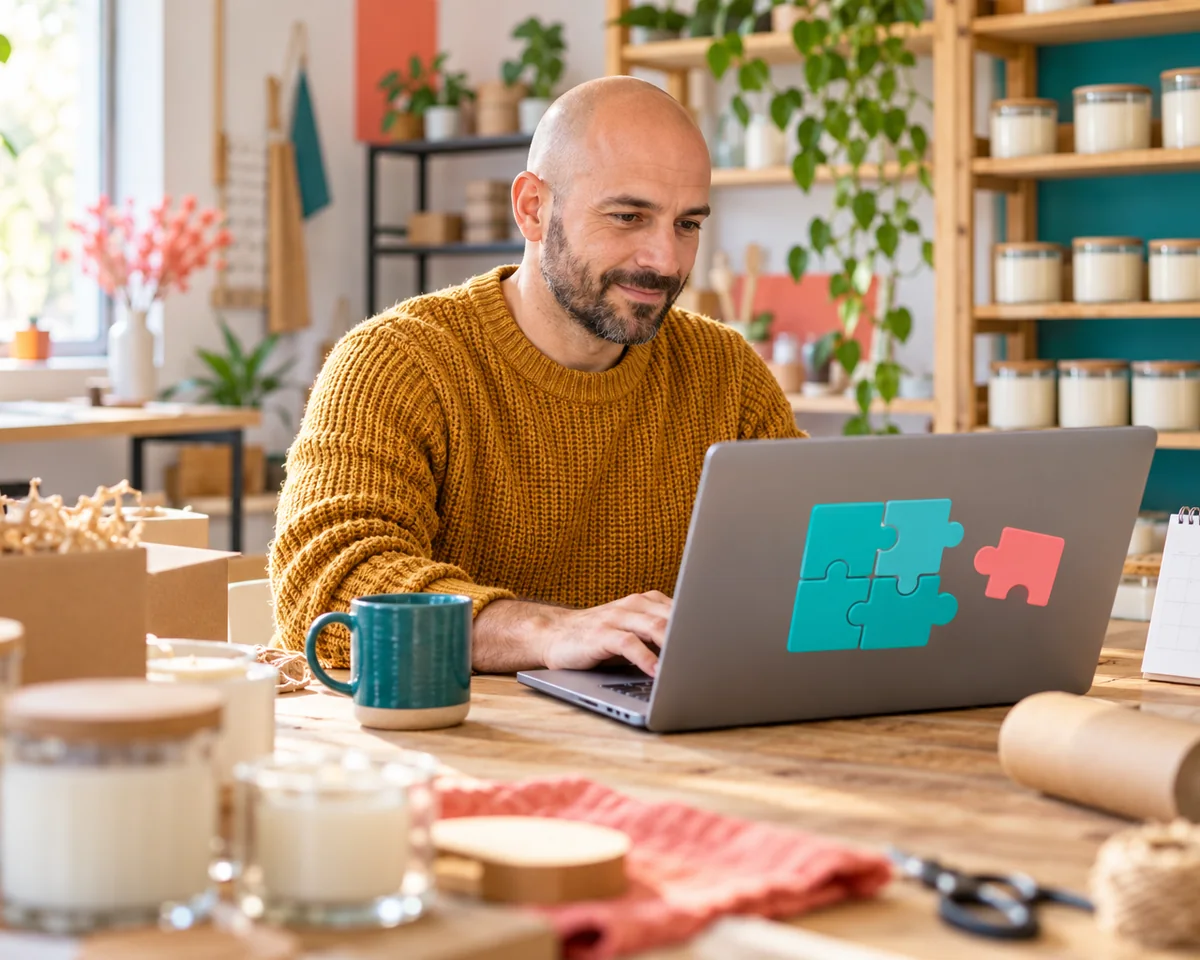 Shopify schaltet Script Tags ab: Welche Apps und Tracking Codes ausfallen Inhaber eines kleinen Kerzen-Shops prüft am Laptop Bausteine, von denen sich einer gelöst hat – Shopify Script-Tags und Tracking prüfen