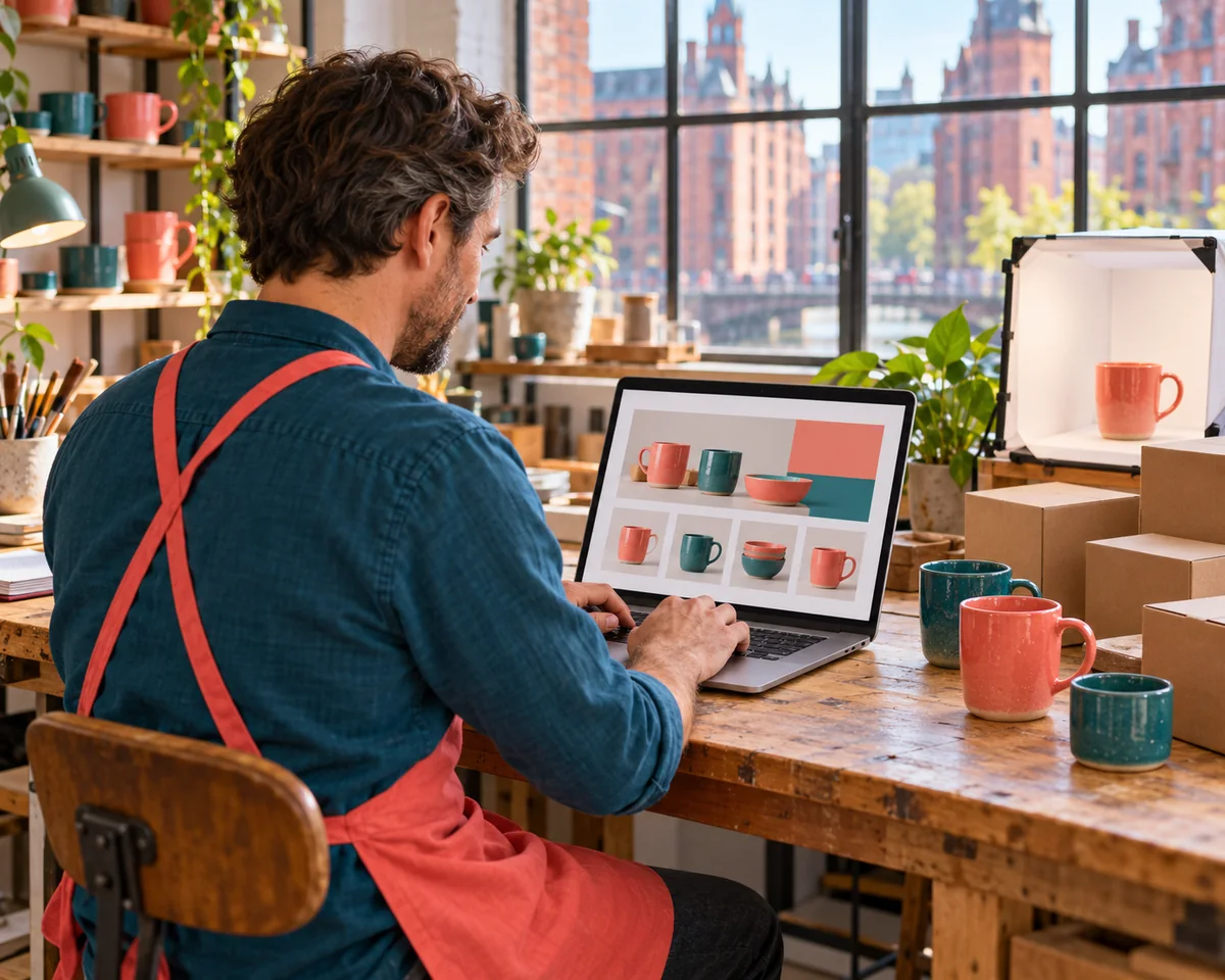 Inhaber einer kleinen Keramik-Manufaktur in Hamburg arbeitet am Laptop an seinem Onlineshop, daneben Tassen und Versandkartons