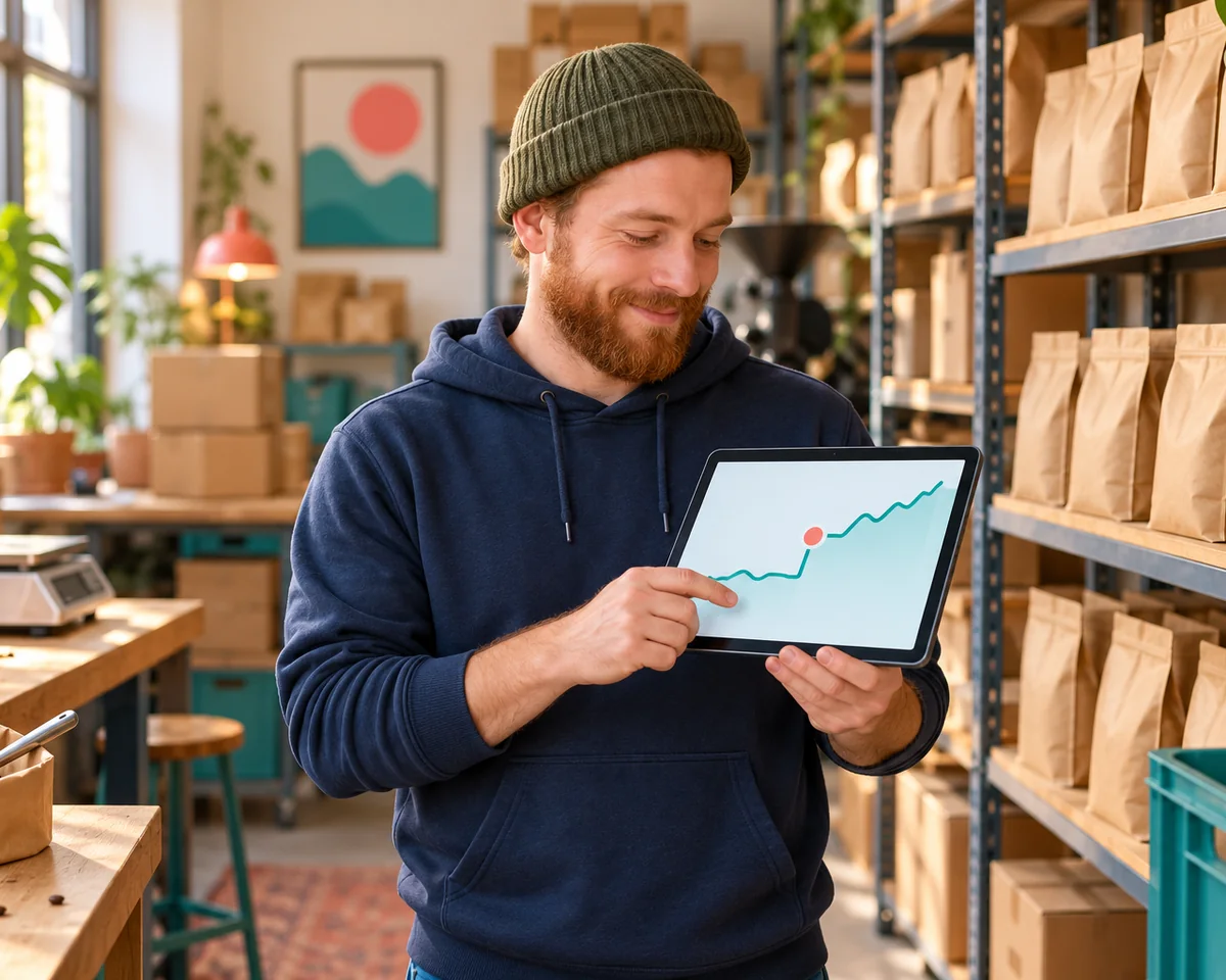 Inhaber eines Kaffee-Shops sieht auf dem Tablet ein Diagramm mit einem Sprung in der Kurve – Shopify zählt Sitzungen neu