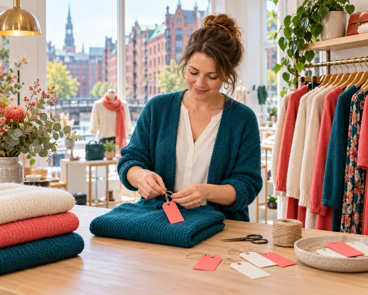 Inhaberin einer Boutique hängt neue Preisschilder an Kleidungsstücke – Preise für die Black-Friday-Aktion vorbereiten