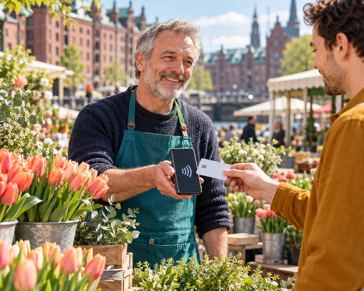 Das iPhone als Kartenterminal: Wie Läden und Dienstleister Tap to Pay einrichten und was es kostet Blumenhändler auf einem Hamburger Wochenmarkt nimmt eine Kartenzahlung direkt mit dem Smartphone an