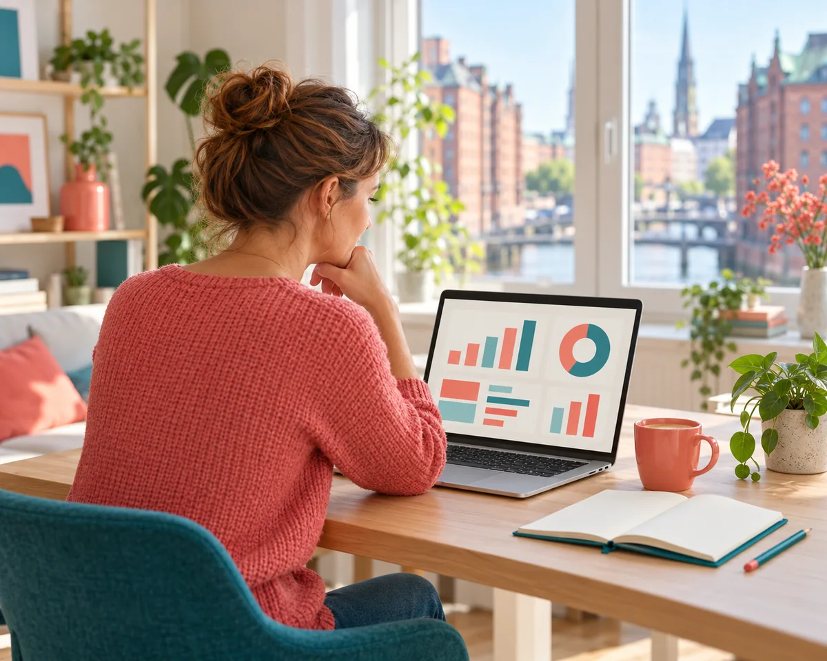 Ubersuggest: Was die günstige Semrush Alternative kann, was der Lifetime Deal taugt und wo die Daten nicht reichen Unternehmerin vergleicht am Laptop farbige Diagramme – SEO-Daten für die eigene Website auswerten