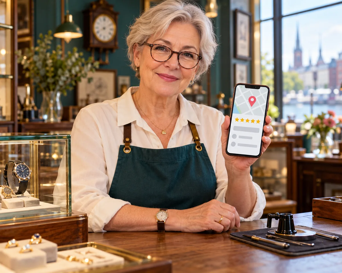 Inhaberin einer Hamburger Uhrmacherwerkstatt zeigt am Ladentresen ein Smartphone mit Unternehmensprofil, Kartenpin und Sternebewertung