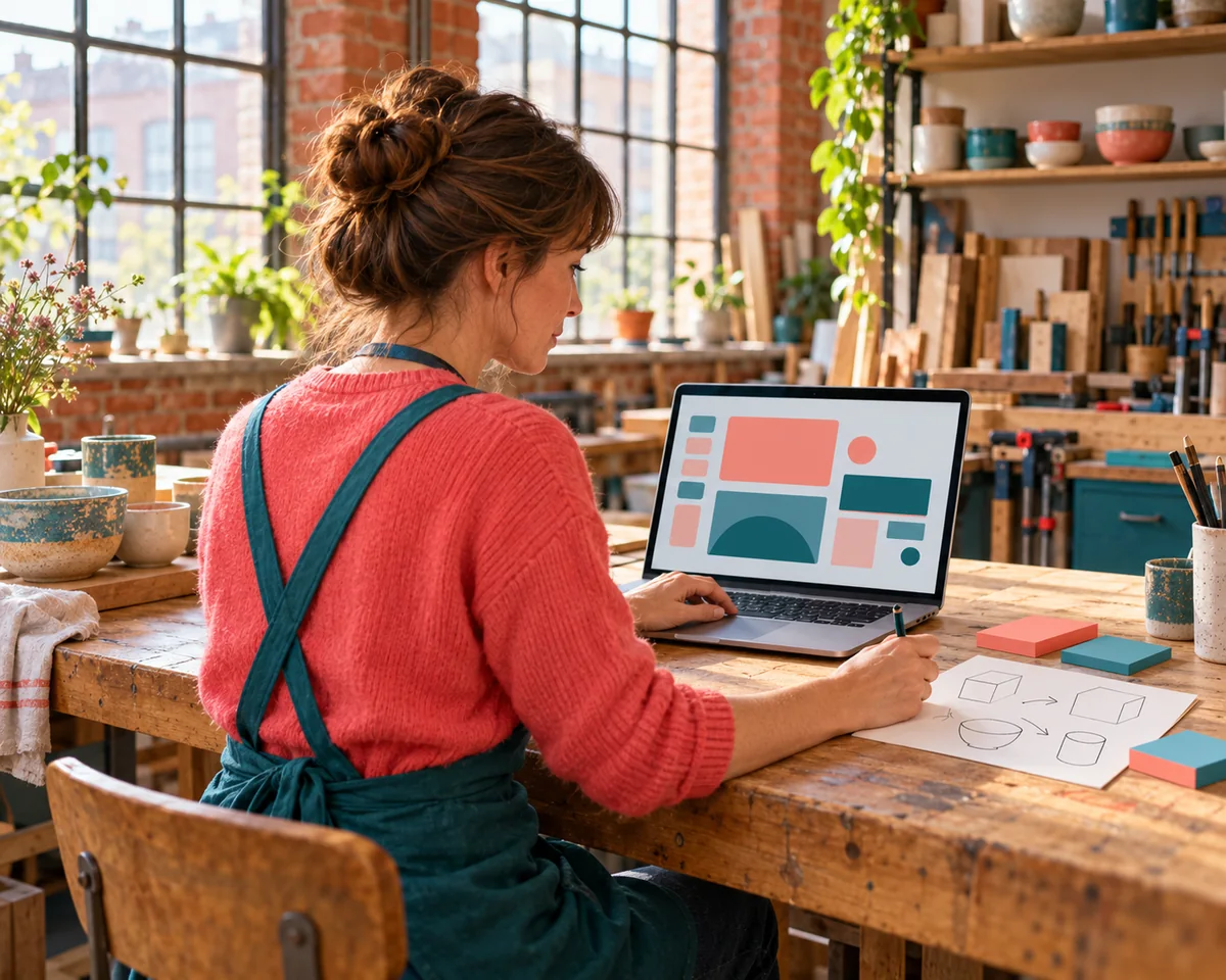 Inhaberin einer kleinen Hamburger Werkstatt baut am Laptop ein eigenes Werkzeug, daneben Notizzettel mit Skizzen