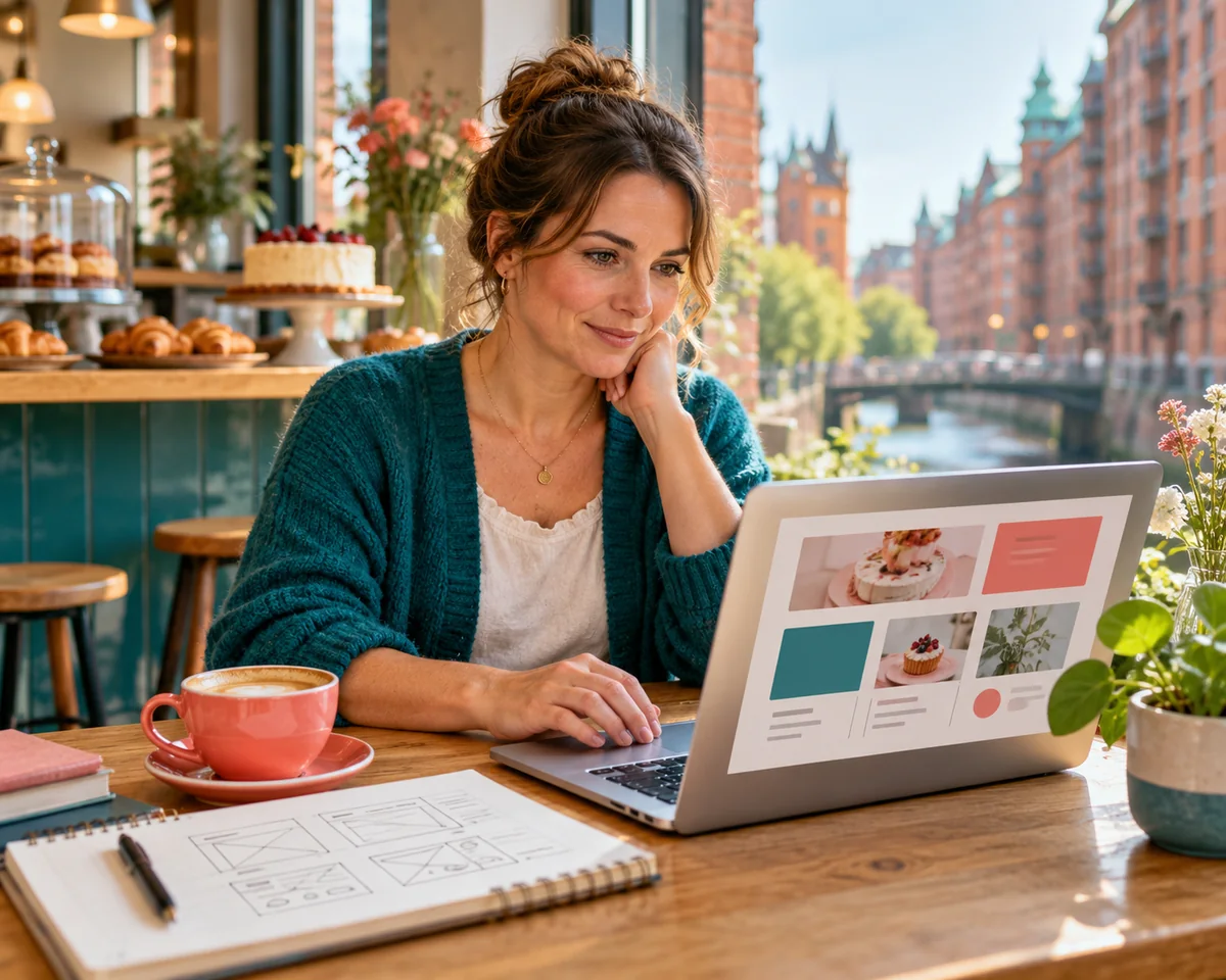 Website mit KI erstellen: Was ChatGPT Sites kann, wo die Grenzen liegen und wann WordPress oder Shopify die bessere Wahl bleiben Inhaberin eines Cafés in der Hamburger Speicherstadt entwirft am Laptop eine Website, daneben Skizzen von Seitenlayouts