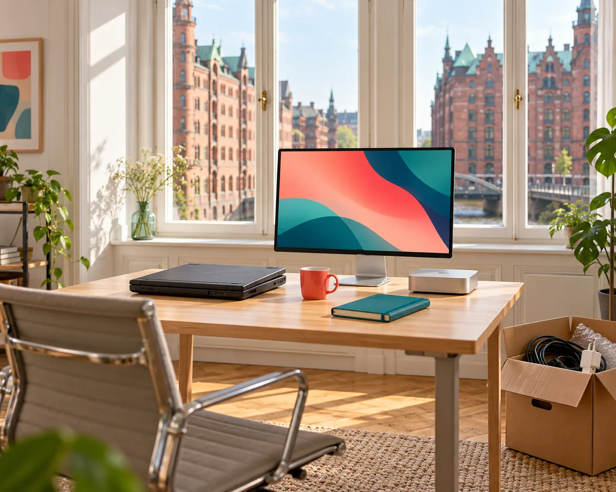 Windows Rechner im Büro: Gratis Updates bis Oktober , Windows oder gleich ein Mac? Helles Büro in Hamburg mit altem Laptop und neuem kompakten Desktop-Rechner auf dem Schreibtisch, daneben ein Umzugskarton mit Kabeln