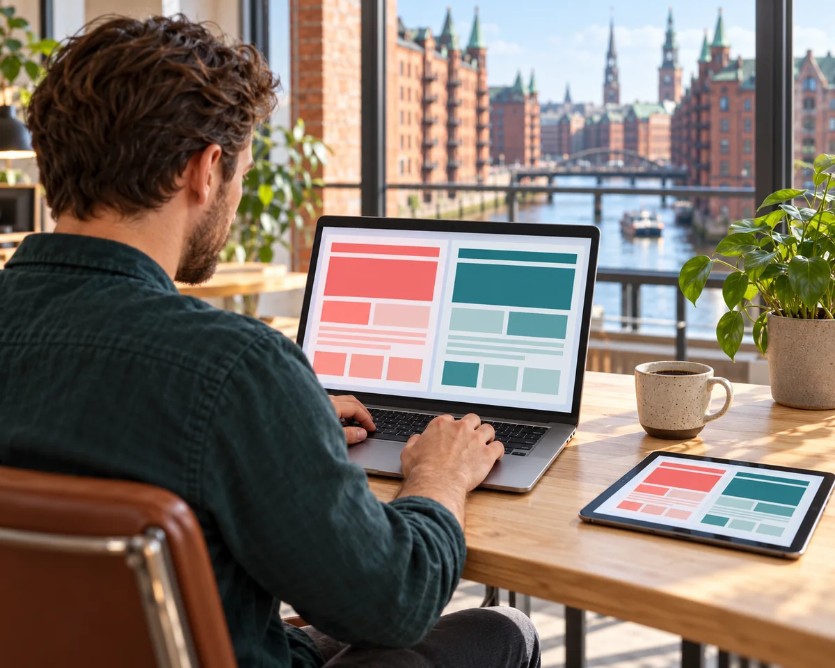 WordPress . kommt am . Dezember: Was sich ändert und wie du das Update ohne Ausfall testest Webentwickler in einem Hamburger Loft-Büro vergleicht am Laptop eine Live-Website mit ihrer Staging-Kopie