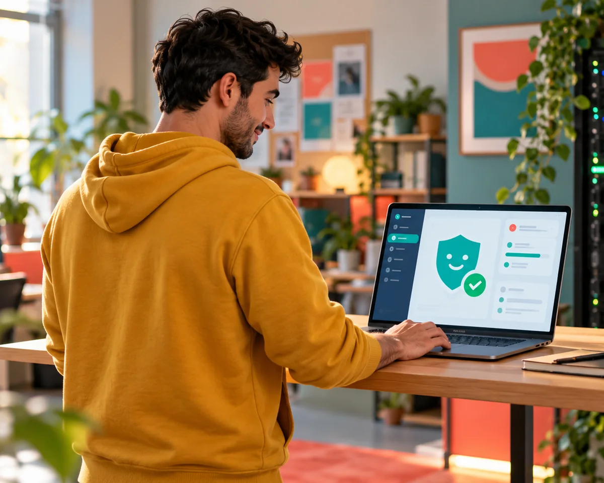 Mitarbeiter prüft am Laptop ein Sicherheitsupdate mit Schutzschild-Symbol – WordPress-Sicherheit