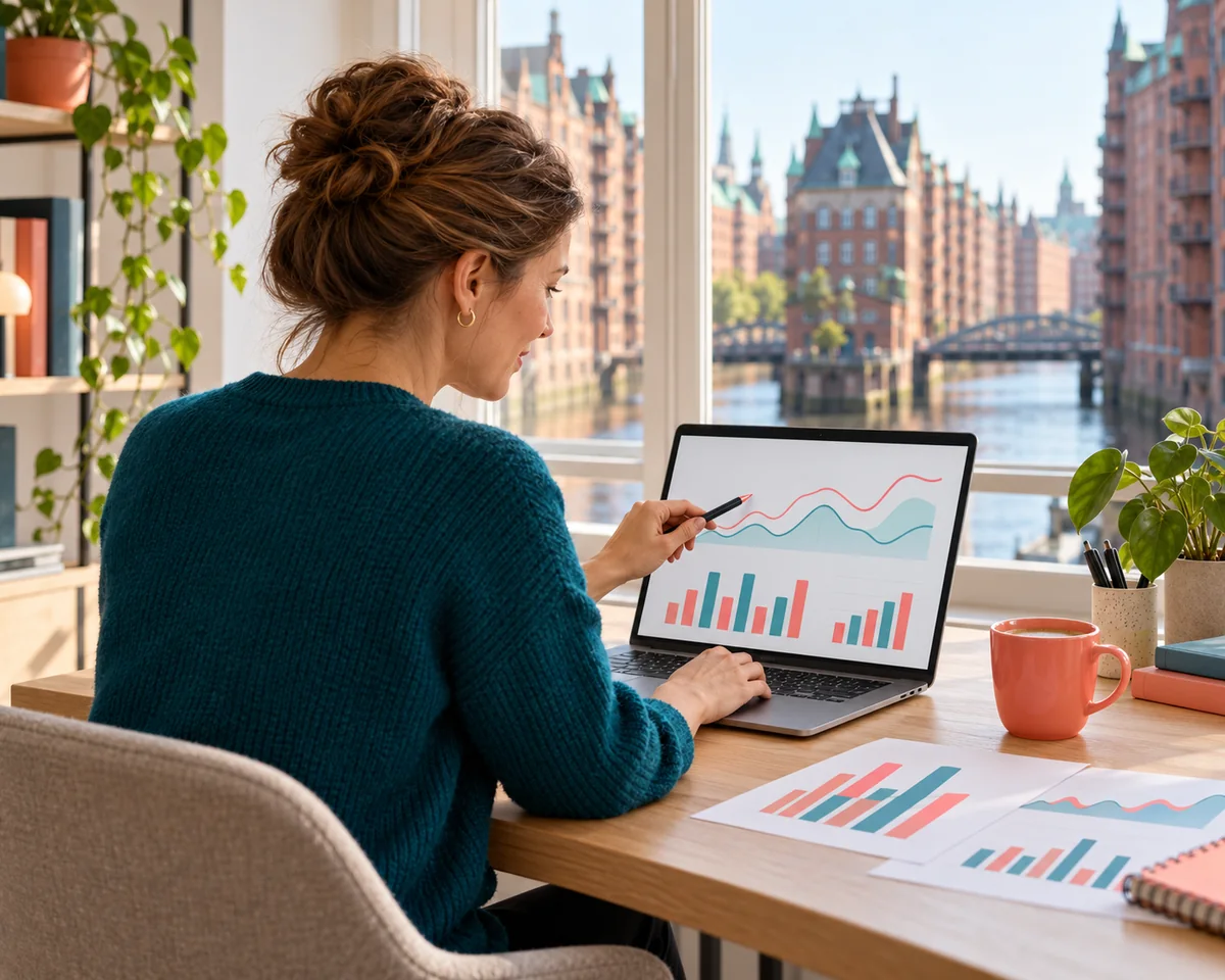 XOVI: Was die SEO Suite aus Köln als Alternative zu Sistrix und Semrush kann – Preise, Grenzen und für wen sie reicht Frau im Agenturbüro in Hamburg wertet am Laptop Ranking-Diagramme aus, daneben ausgedruckte Auswertungen